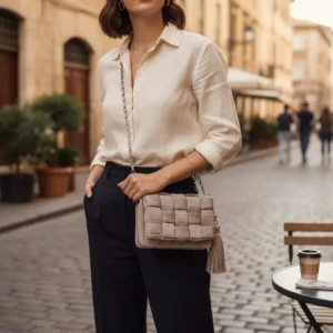 Mujer en calle adoquinada llevando un clutch de lujo vegano tejido en crochet en tono beige con cadena metálica y borla lateral.
