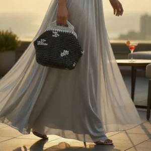 Mujer con vestido largo plateado sosteniendo el Bolso de Fiesta Original Zehra en una terraza al atardecer.
