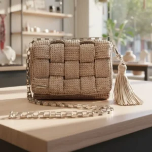 Clutch de lujo vegano Dilek en crochet con cadena.