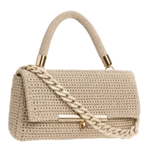 Vista frontal del bolso vegano de lujo modelo Meryem en color beige.