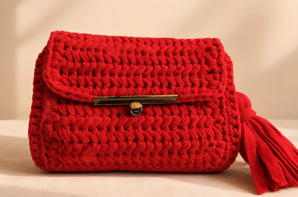 Bolso rojo de crochet con cierre dorado y borla lateral.