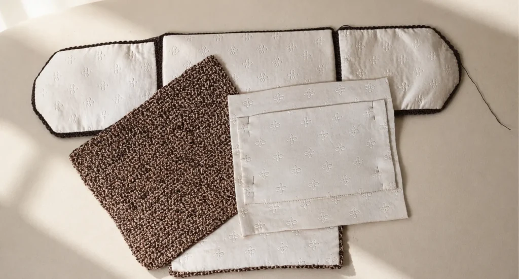 Piezas interiores del bolso Elif colocadas sobre una superficie clara durante el proceso artesanal.
